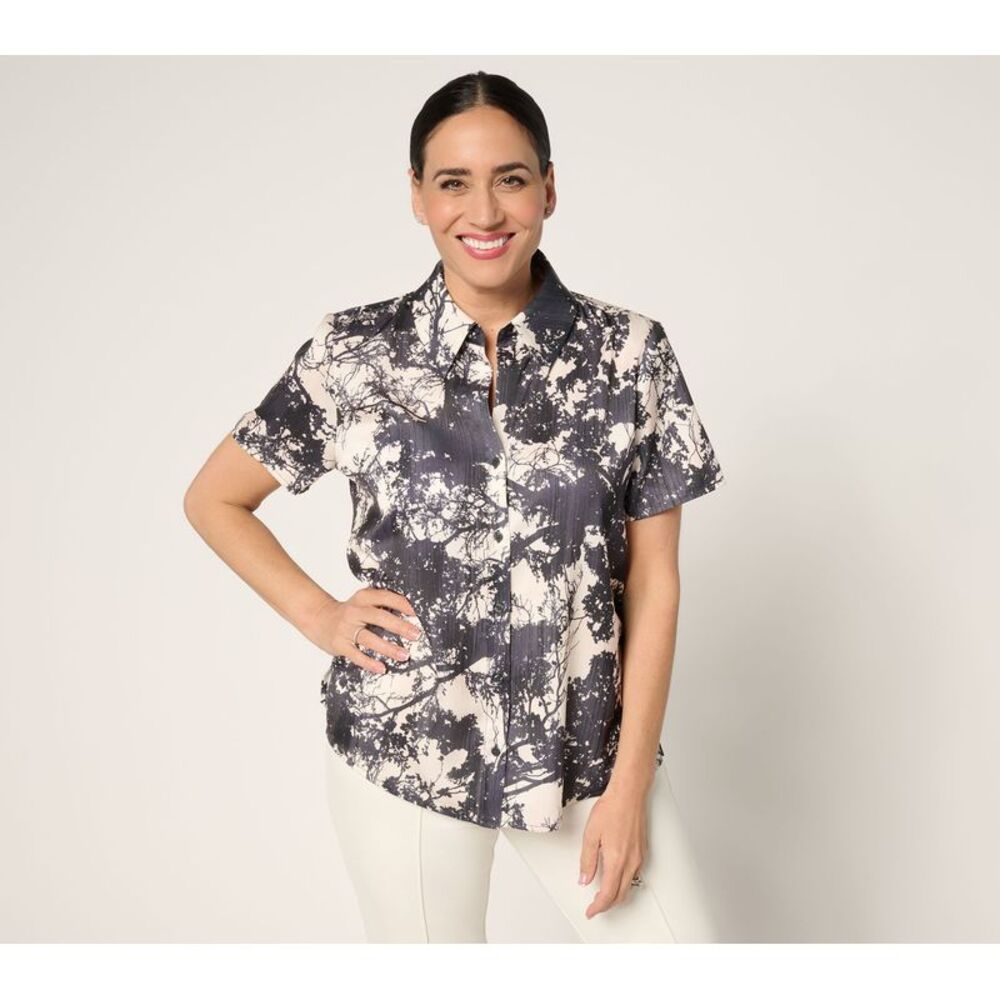 BEAUTIFUL by Lawrence Zarian Women's Top Sz L Short Sleeve Button Black A693866